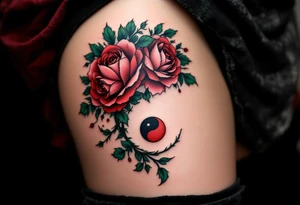 A yin-yang symbol formed from roses and ivy, using deep red, forest green, and soft pinks.
Placement: Shoulder blade or thigh. tattoo idea