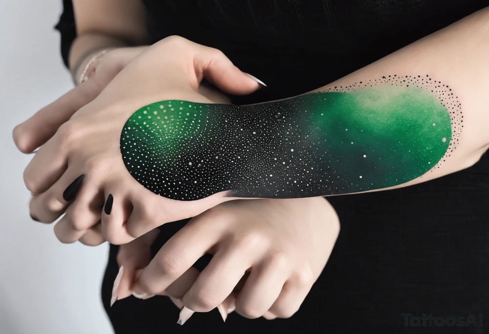 space, abstract, green and black, covered from wrist to forearm, fully covered, no borders, blackwork, no people tattoo idea