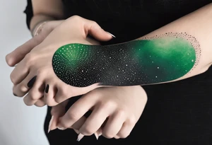 space, abstract, green and black, covered from wrist to forearm, fully covered, no borders, blackwork, no people tattoo idea