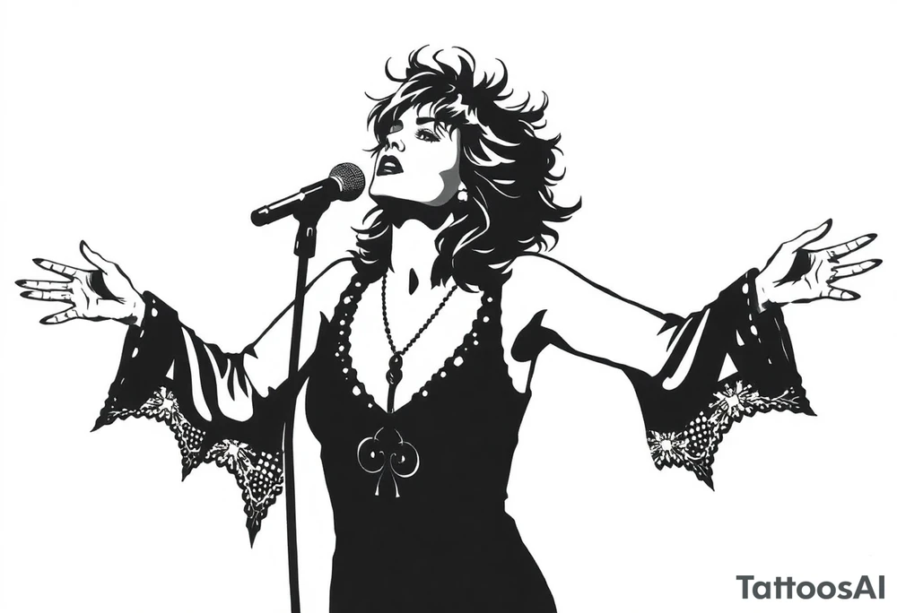 A silhouette stencil style drawing of Stevie nicks with her arms out as if she is spinning tattoo idea