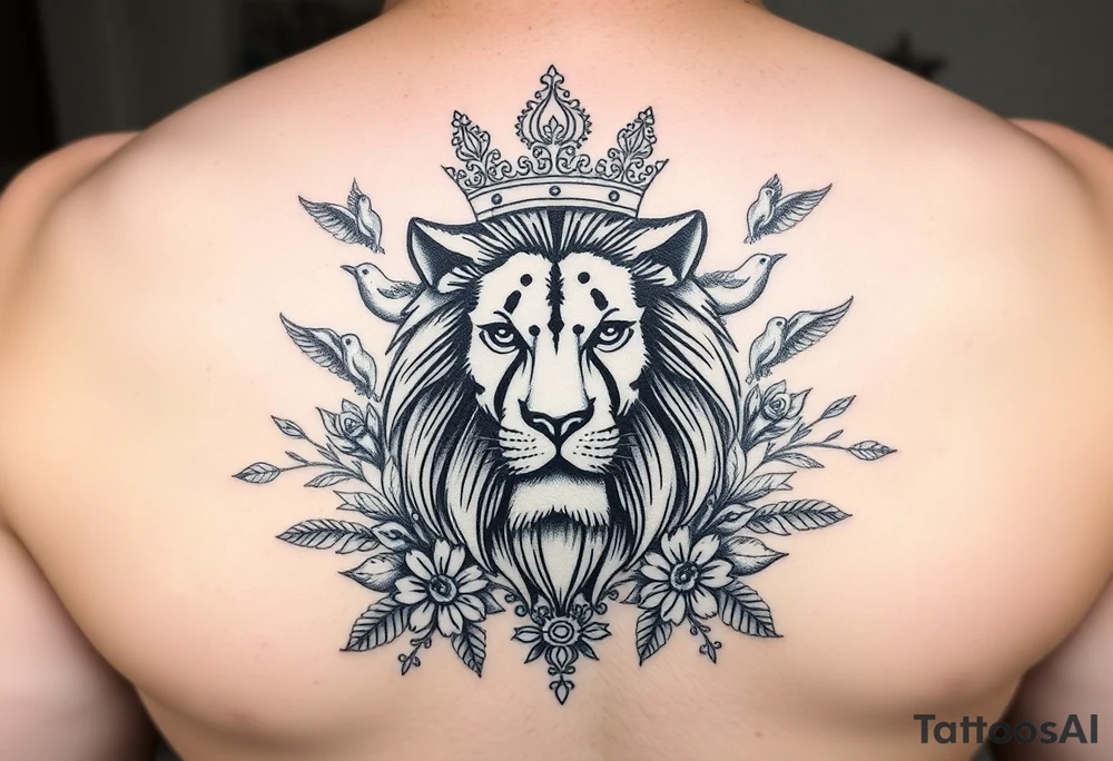 powerful majestic lion with a crown, surrounded by floral ornaments and birds tattoo idea