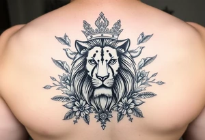 powerful majestic lion with a crown, surrounded by floral ornaments and birds tattoo idea