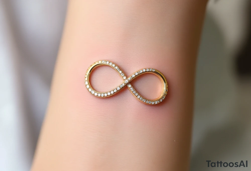 An infinity symbol made of two interlocking wedding bands, shaded in gold and platinum, with tiny diamond sparkles. tattoo idea