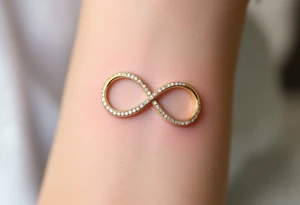 An infinity symbol made of two interlocking wedding bands, shaded in gold and platinum, with tiny diamond sparkles. tattoo idea