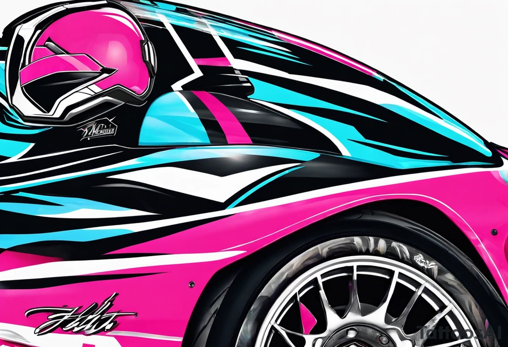 Formula 1 Helment with the Miami logo a palm tree and pink black and light blue colors tattoo idea
