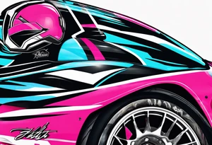 Formula 1 Helment with the Miami logo a palm tree and pink black and light blue colors tattoo idea