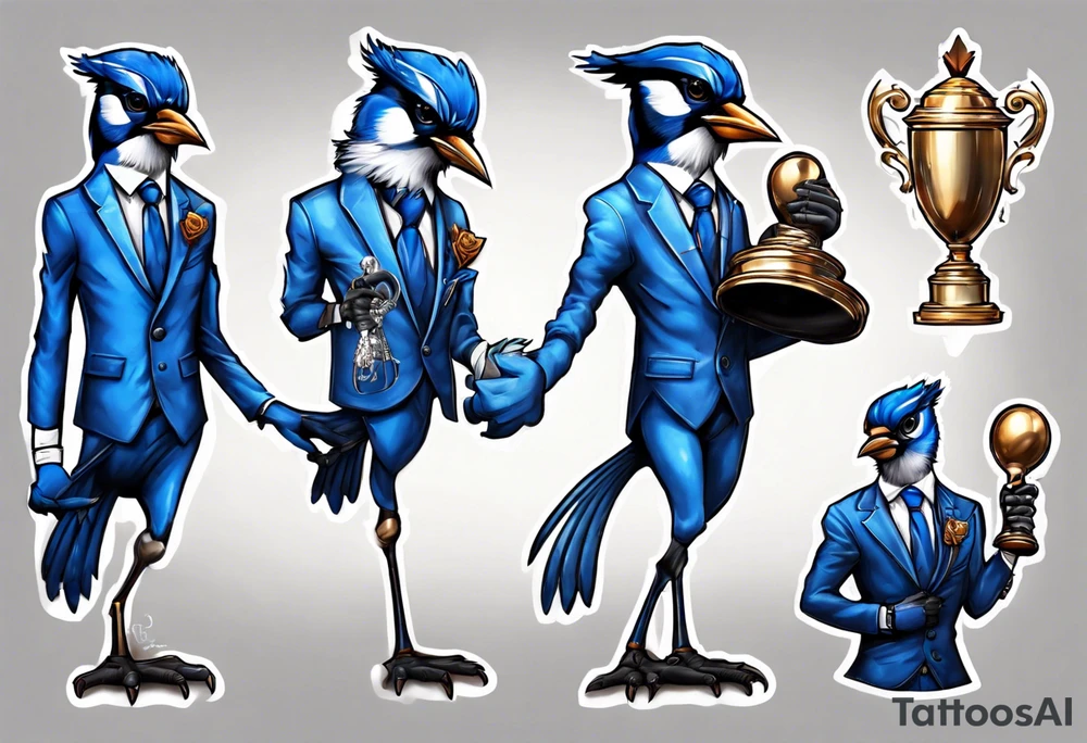 bluejay in a suit holding a trophy tattoo idea