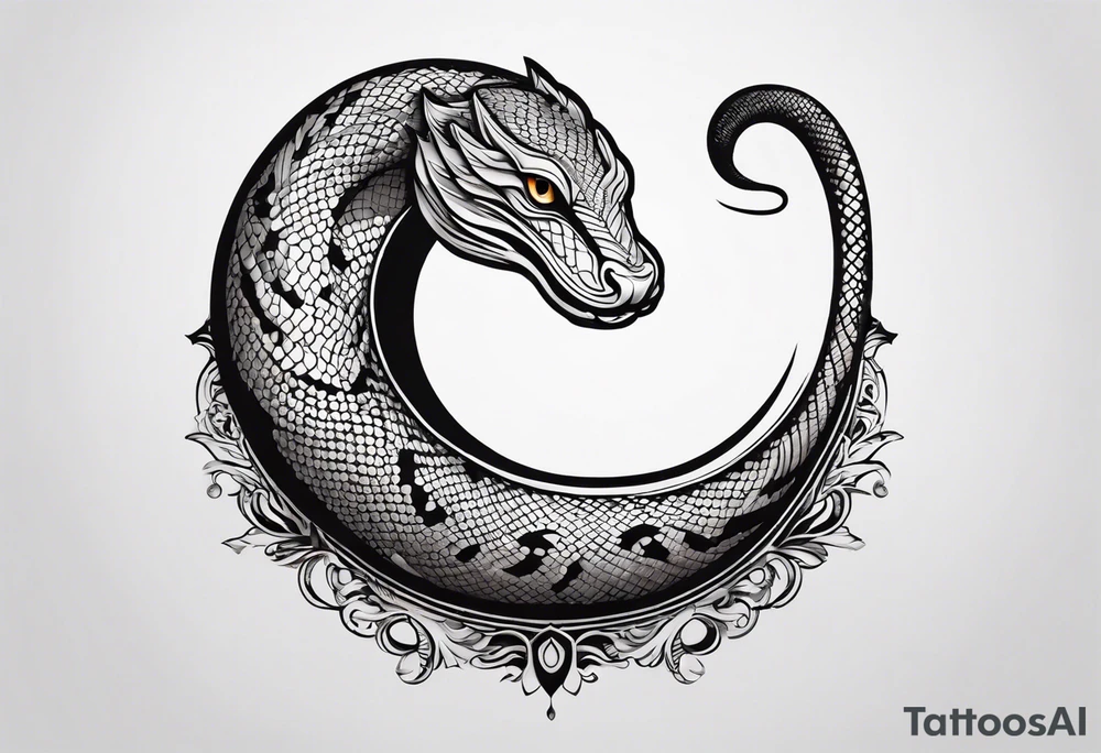 crescent moon has a snake wrapped around it from bottom up, small and simple tattoo idea