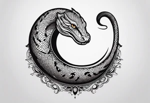 crescent moon has a snake wrapped around it from bottom up, small and simple tattoo idea