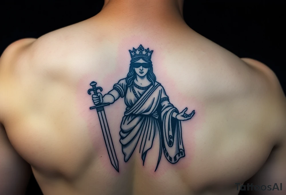 Lady Justice tattoo, holding sword at her side, roman robe, cape, powerful, with blindfold tattoo idea