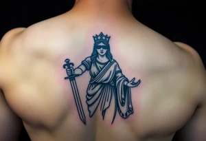 Lady Justice tattoo, holding sword at her side, roman robe, cape, powerful, with blindfold tattoo idea