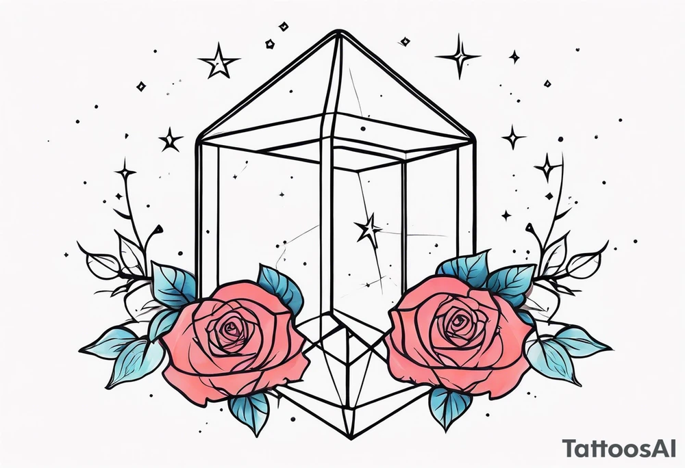 Tall soft Tesseract with roses and stars on the top and bottom tattoo idea