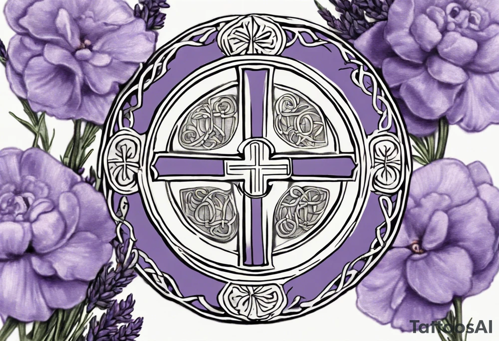 I'm seeking a custom tattoo design featuring a faithful and precise representation of the Saint Benedict medal, surrounded by delicately intertwined lavender flowers to create a harmonious and aesthetically pleasing composition. The focus should be on maintaining the authenticity of the Saint Benedict medal, while incorporating the serene beauty of lavender blooms around it. Additionally, the design should be in black and white to ensure a classic and timeless aesthetic. The goal is to achieve a balance that captures the symbolic essence of the medal within a visually appealing and monochromatic tattoo. tattoo idea