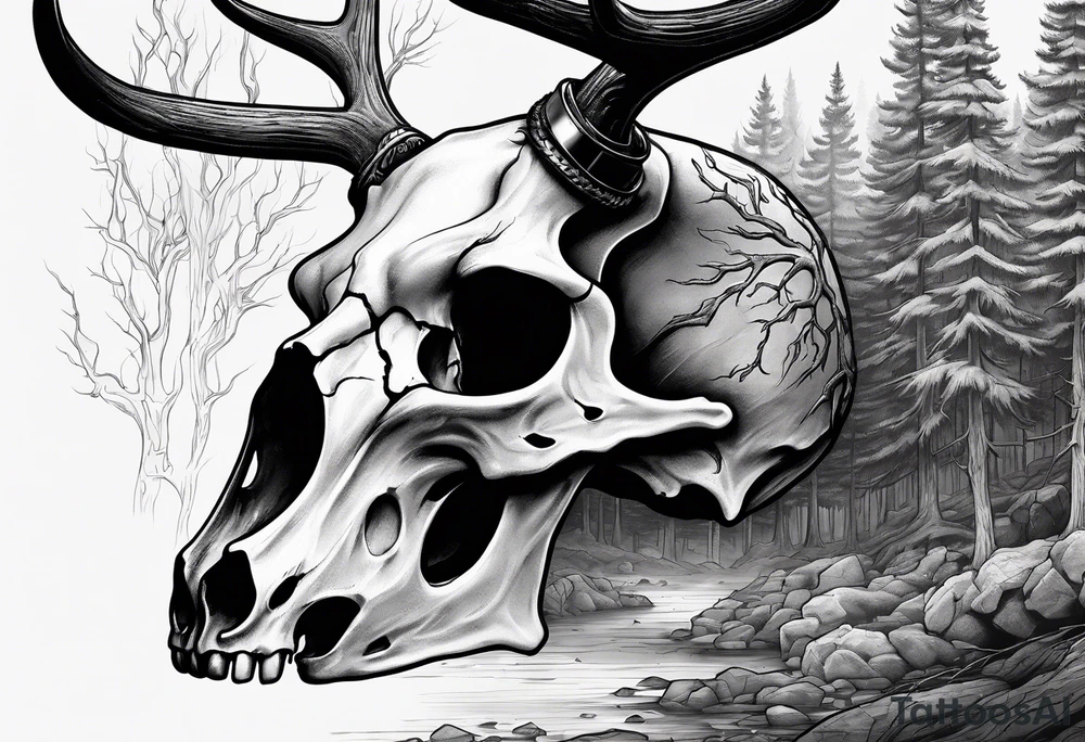 A side view of a decayed deer skull JUST BONE surrounded by trees and fire in background tattoo idea
