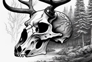 A side view of a decayed deer skull JUST BONE surrounded by trees and fire in background tattoo idea