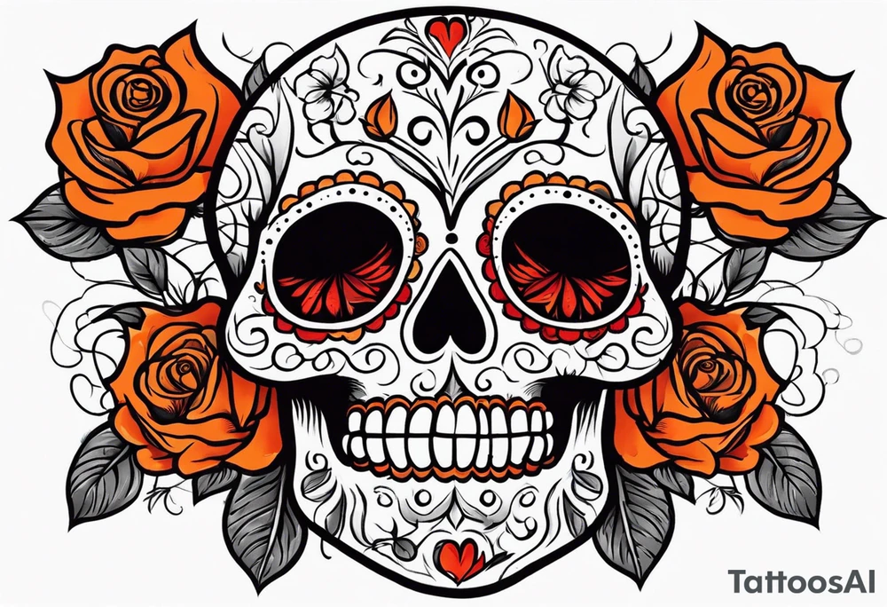 Sugar skull with roses that are orange and red with smoke around it tattoo idea