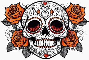 Sugar skull with roses that are orange and red with smoke around it tattoo idea
