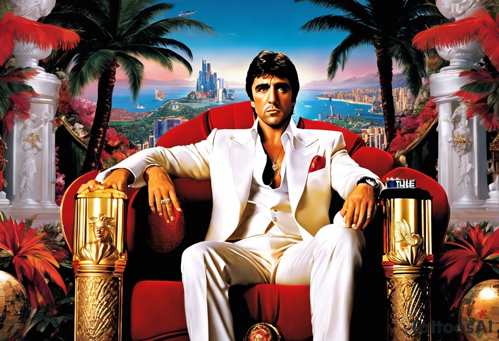 Tony Montana sitting on his throne with his infamous "The World is Yours" globe in hand, surrounded by elements that represent key scenes or motifs from the movie? For example, you could include symbols like piles of cocaine, palm trees, guns, and perhaps even the iconic "Say hello to my little friend" scene in the background. This would create a dynamic and visually captivating tattoo that pays homage to Scarface in a unique and personalized way. tattoo idea