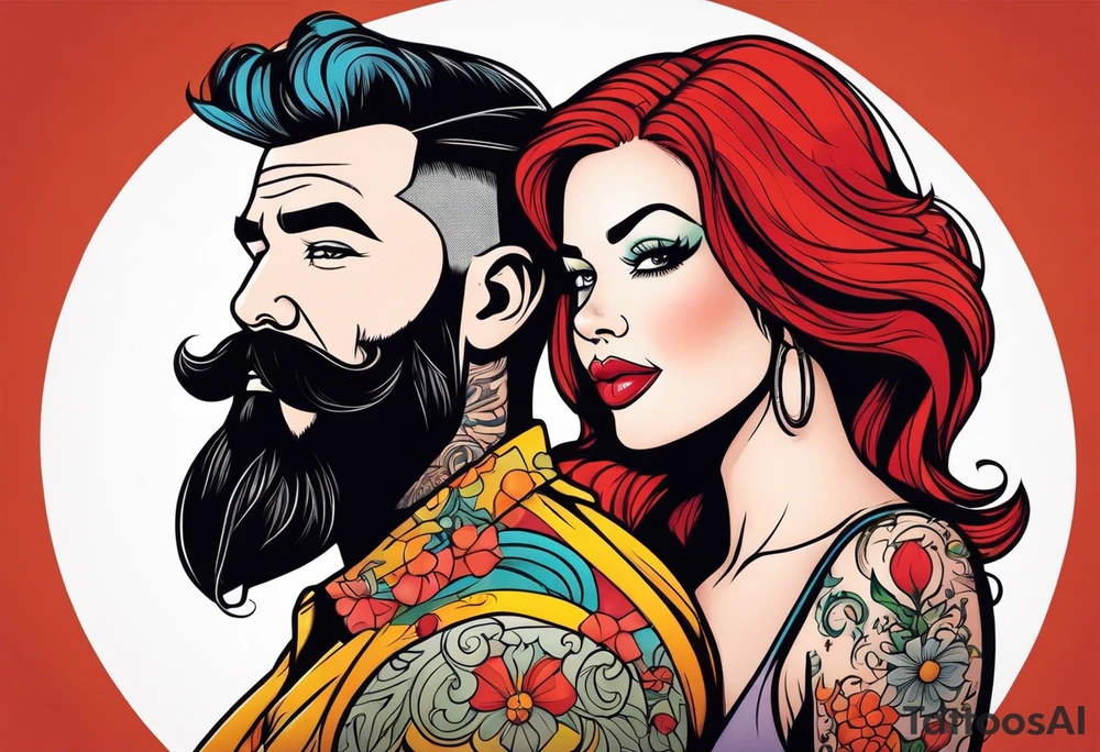 Busty Red haired woman with black haired bearded man tattoo idea