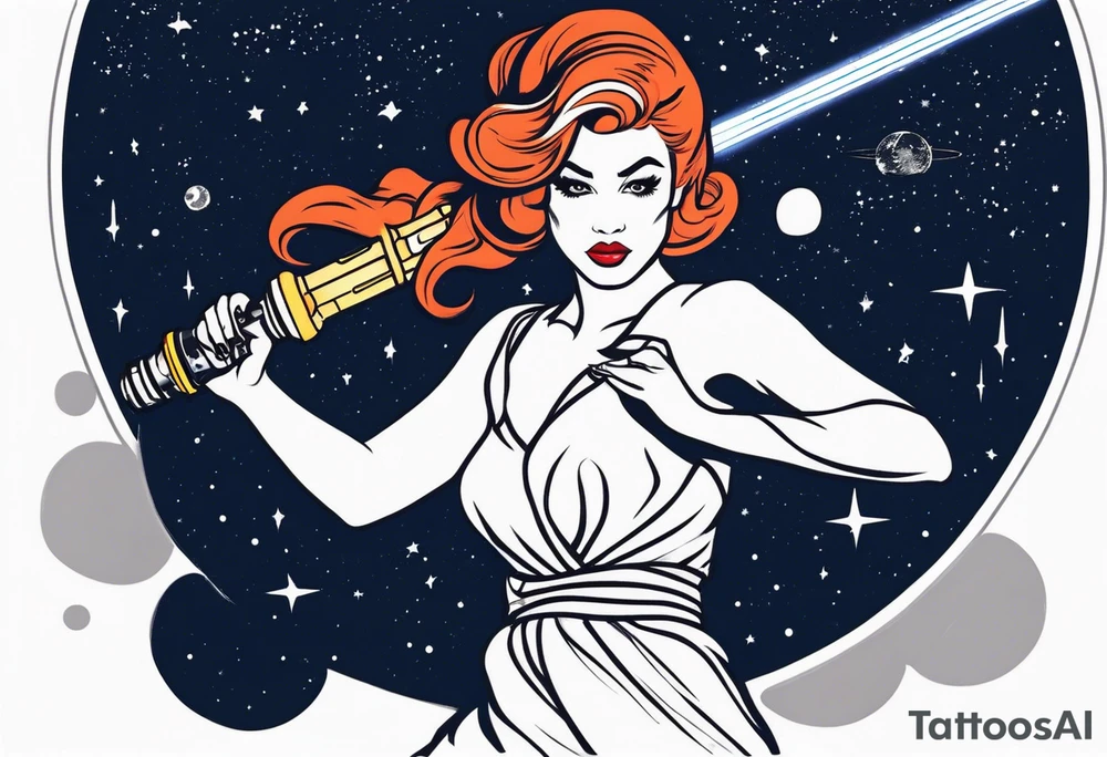 Pinup woman holding light saber in space tattoo idea