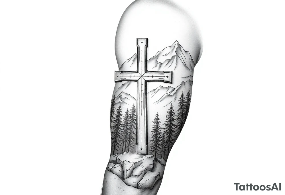 russian orthodox cross in a light forrest mountainous setting tattoo idea
