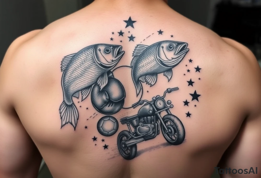 design a quarter sleeve memorial tattoo for my younger brother who died. Use fish, soccer, boxing, motorcycles and stars for design tattoo idea