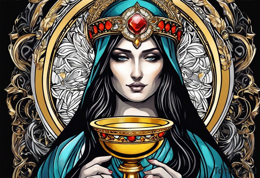 holy saint woman with golden halo holding a chalice tattoo idea