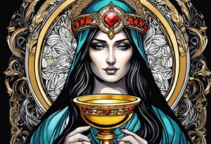 holy saint woman with golden halo holding a chalice tattoo idea