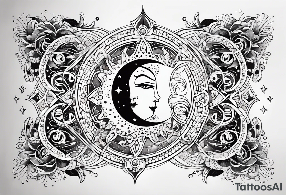 Feminine Sun and moon. Freeform rectangular sternum swirls with dots and stars tattoo idea