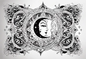 Feminine Sun and moon. Freeform rectangular sternum swirls with dots and stars tattoo idea
