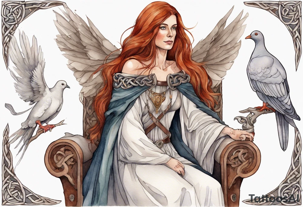 a 45-year-old medieval woman with auburn hair wearing a white feather cloak sitting on a throne with one dove perched on her shoulder tattoo idea