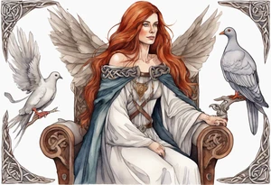 a 45-year-old medieval woman with auburn hair wearing a white feather cloak sitting on a throne with one dove perched on her shoulder tattoo idea