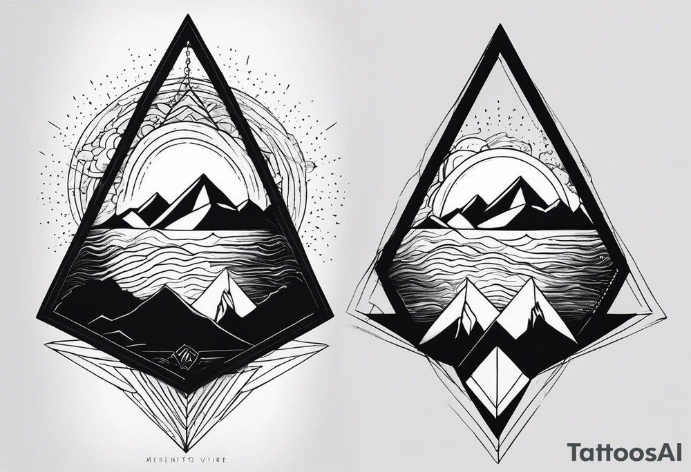 A simple tattoo with mountains and sun in fine line triangles with quote Memento Vivere tattoo idea