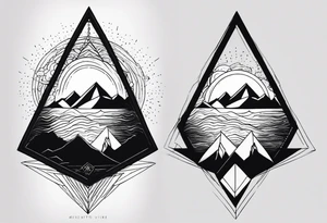 A simple tattoo with mountains and sun in fine line triangles with quote Memento Vivere tattoo idea