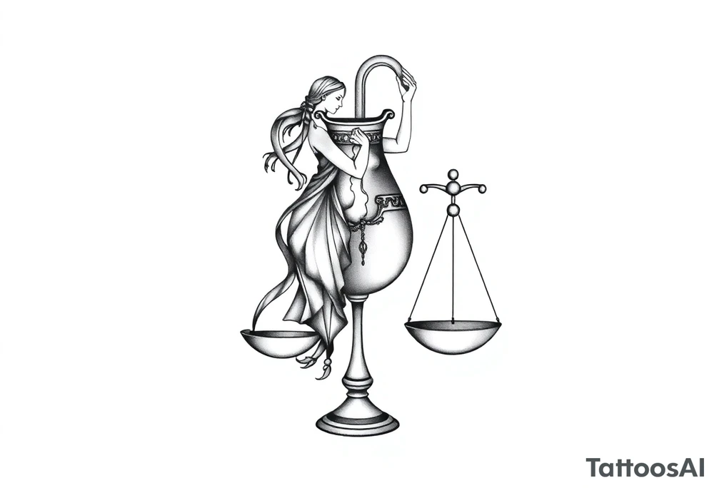 I want a tattoo that combines the Aquarius water bearer and the Libra scales. The water should flow elegantly from the jug, merging into or balancing the scales below. tattoo idea
