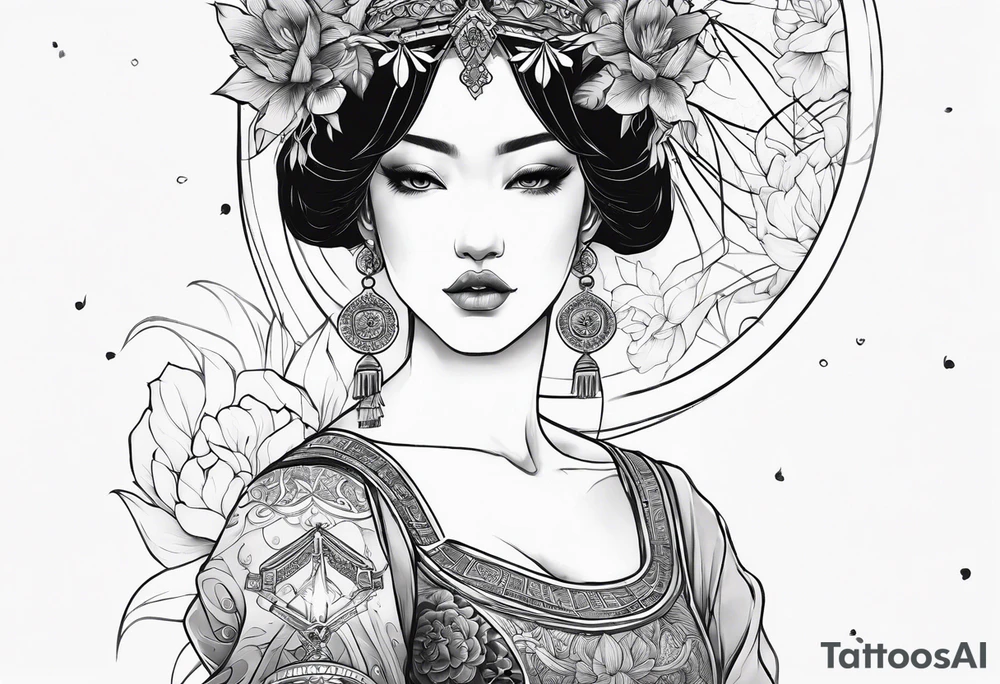 I want a fine line, feminine but very powerful tattoo. I want it to feel oriental and decorative. I want the image to portray a powerful story from the Bible. I want the tattoo to look peaceful and glowy tattoo idea