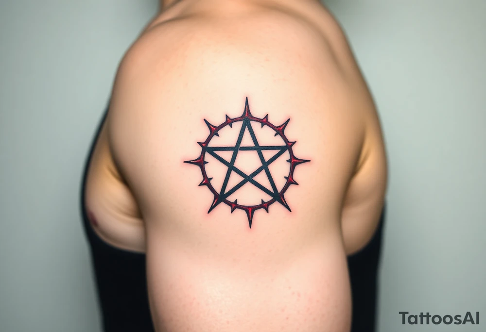 A pentagram surrounded by thorns, with deep reds and blacks, representing occult power and mystery tattoo idea