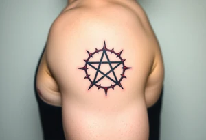 A pentagram surrounded by thorns, with deep reds and blacks, representing occult power and mystery tattoo idea