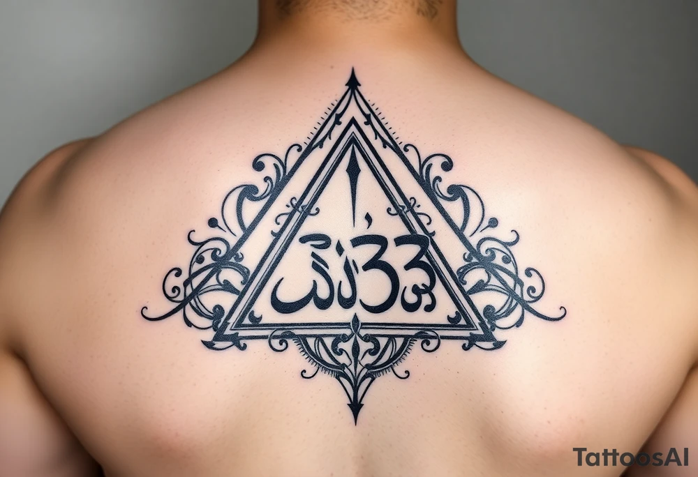333 in a triangle with indigo in Arabic in the middle tattoo idea