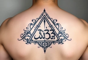 333 in a triangle with indigo in Arabic in the middle tattoo idea