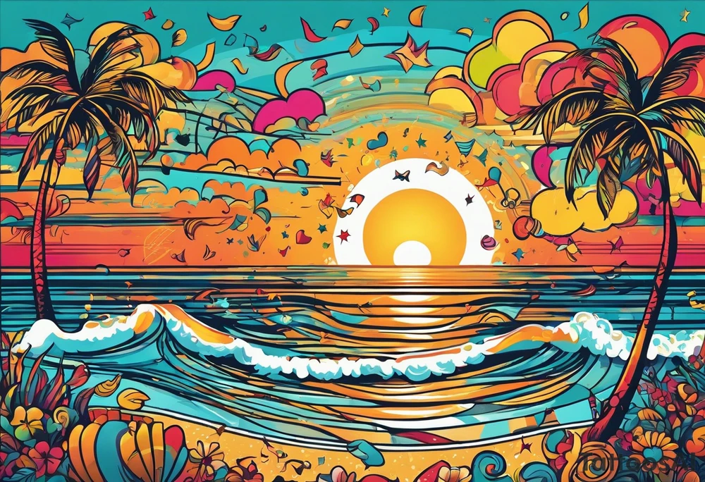 1970'S BEACH DANCE PARTY 
party, include confetti, music notes, 
, bikinis sunset in the center tattoo idea