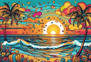 1970'S BEACH DANCE PARTY 
party, include confetti, music notes, 
, bikinis sunset in the center tattoo idea