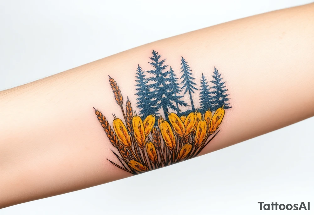 A golden wheat field, beer hop cones and coniferous forest tattoo idea