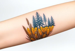 A golden wheat field, beer hop cones and coniferous forest tattoo idea