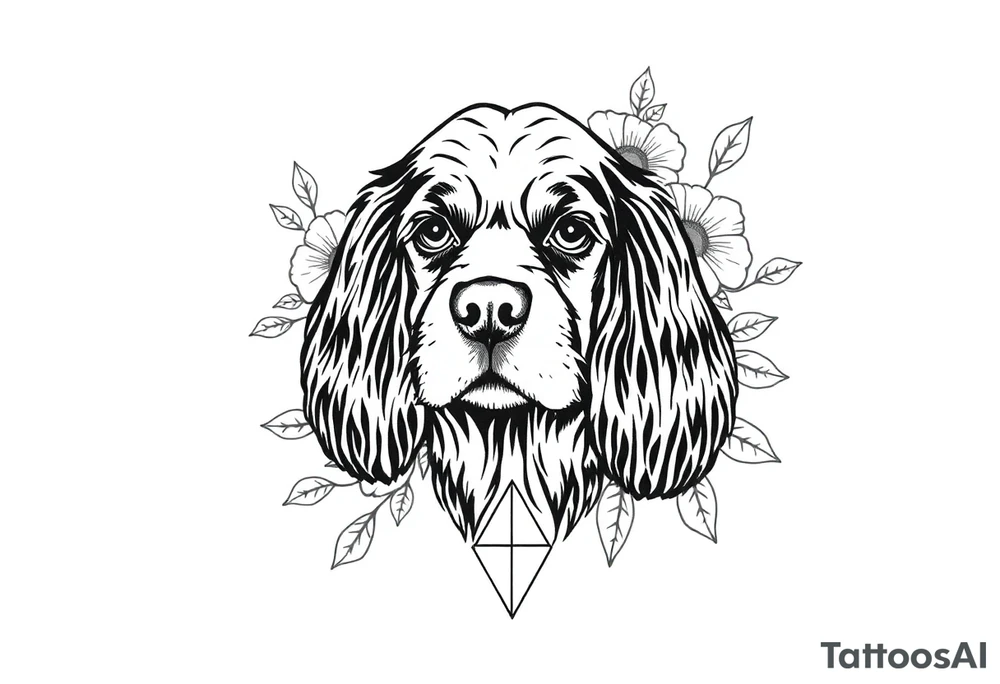 Female Cocker spaniel head with flowers and geometric boarder tattoo idea