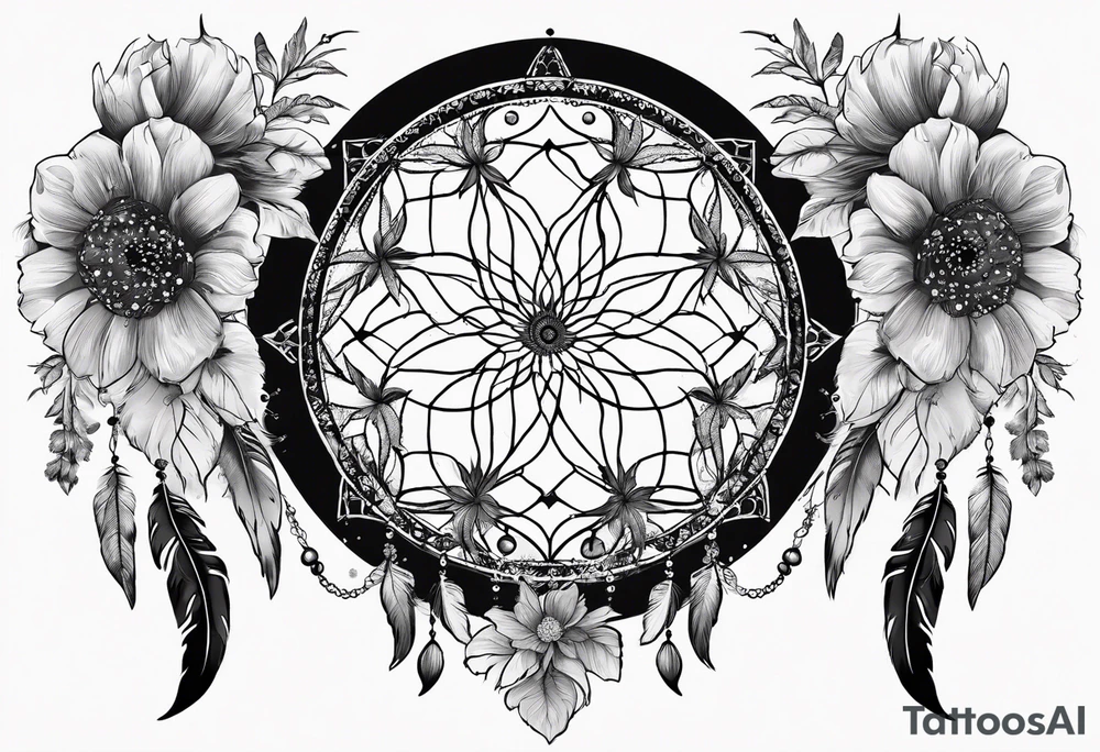large dream catcher with the scorpio zodiac in the center queen Ann's lace flowers hanging from the bottom tattoo idea