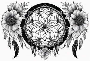 large dream catcher with the scorpio zodiac in the center queen Ann's lace flowers hanging from the bottom tattoo idea