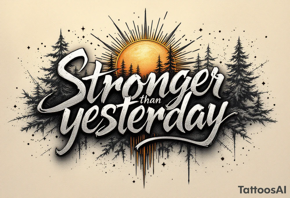“Stronger than yesterday” in metallic silver ink, accented with subtle bronze lines forming a rising sun. tattoo idea