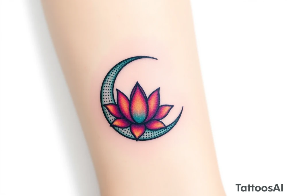 small colorful crescent moon with lotus flower tattoo idea