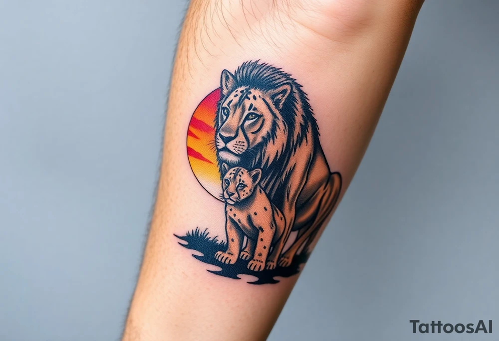 lion family, lioness and two cubs at sunset in the savannah tattoo idea